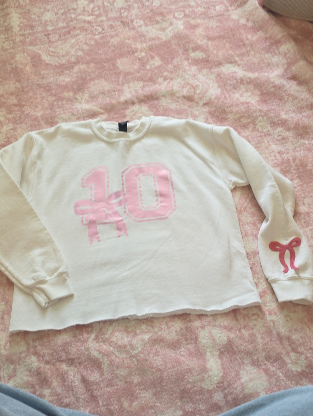 Gildan White Kids Sweatshirt with Pink '10' & Bow Accents